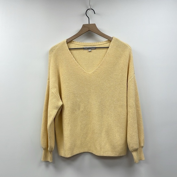 Ann Taylor LOFT Ribbed Knit V-Neck Slouchy Pullover Sweater Yellow Large - Picture 2 of 8
